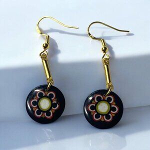 Handmade Ceramic & Enamel Floral Dangle Earrings Black Red White Gold 925 Hooks